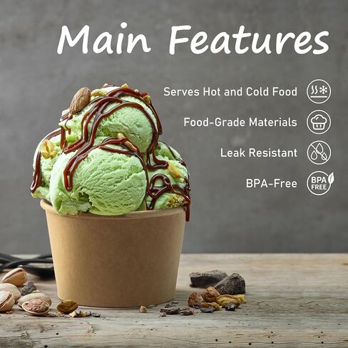 ESSENTIAL Paper Ice Cream Cups, 50pcs 8oz Disposable Dessert Bowls for Hot or Cold Food, Lids Not Included, Paper Snack Containers for Sundae, Frozen Yogurt, Soup (Brown) in Saudi Arabia
