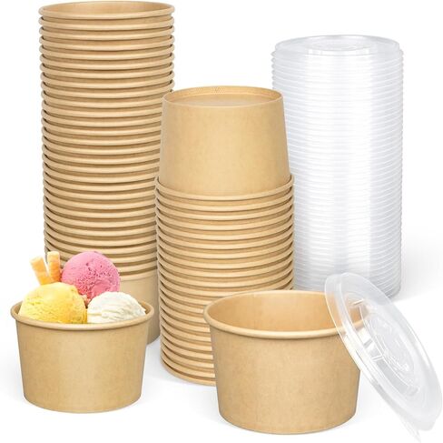 ESSENTIAL Paper Ice Cream Cups, 50pcs 8oz Disposable Dessert Bowls for Hot or Cold Food, Lids Not Included, Paper Snack Containers for Sundae, Frozen Yogurt, Soup (Brown) in Saudi Arabia