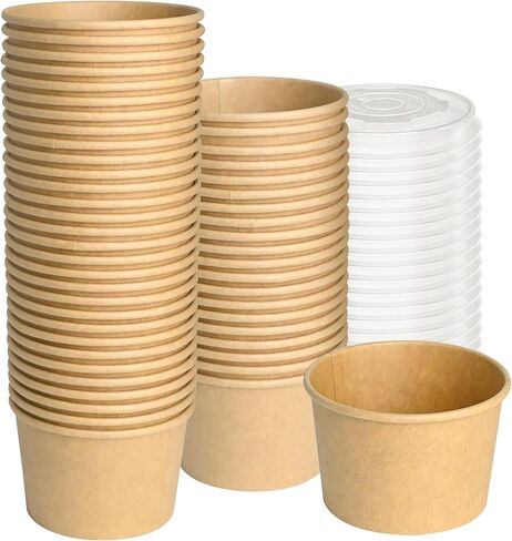 ESSENTIAL Paper Ice Cream Cups, 50pcs 8oz Disposable Dessert Bowls for Hot or Cold Food, Lids Not Included, Paper Snack Containers for Sundae, Frozen Yogurt, Soup (Brown) in Saudi Arabia