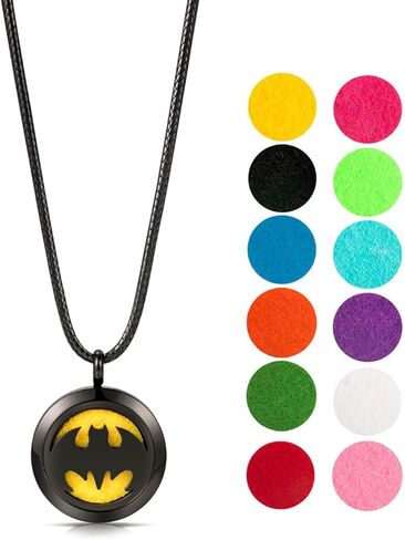 قلادة موزع الزيوت العطرية من الكروم الأسود من Wild Essentials، مدلاة للعلاج العطري من الفولاذ المقاوم للصدأ، حبل من النايلون الأسود، مع 12 وسادة ملونة، مجوهرات عطرية متغيرة اللون قابلة للتخصيص in Kuwait