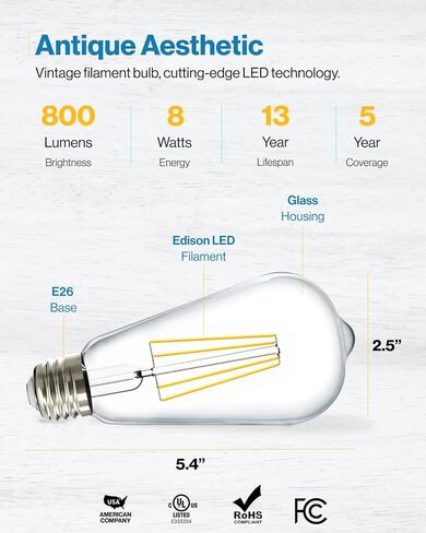 Sunco 16 حزمة من مصابيح Edison LED ST64، لمبة مقاومة للماء ذات فتيل عتيق شفاف، 800 لومن، 8 وات (ما يعادل 60 وات)، ST19، 3000 كلفن أبيض دافئ، قاعدة متوسطة E26، ديكور UL قابل للتعتيم in Kuwait
