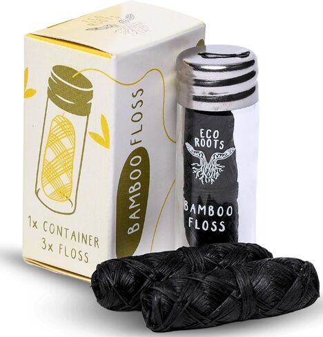 خيط تنظيف الأسنان الطبيعي من الخيزران: 1 حاوية زجاجية قابلة لإعادة الملء + 3 عبوات خيط تنظيف أسنان من الخيزران قابلة للتحلل (كل منها 33 ياردة)، خيط تنظيف طبيعي صديق للبيئة ونباتي وغير سام - خيط تنظيف أسود سميك قابل لإعادة الملء بدون نفايات in Kuwait