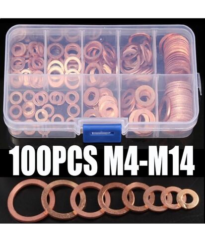 Copper Washers Assortment Kit, Flat Gaskets, 100 Pcs M4, M5, M6, M8, M10, M12, M14 in Saudi Arabia