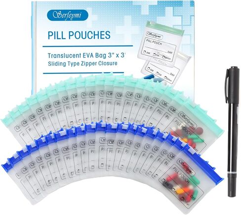 Serfeymi 48 Pcs Zippered Pill Pouches Organizer Plastic Bags 3 X 3 Inches 12 mil Self Sealing with Slide Lock Writable label Translucent Travel Medicine Storage Bag Case and 1 Pc Marker-Green+Blue in Kuwait
