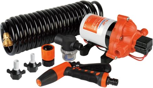 SEAFLO 55-Series Washdown Pump Kit - 12V DC, 5.5 GPM, 70 PSI, Self-Priming, Coiled Hose, Spray Nozzle, High Flow for RV, Boat, Off-Grid, Freshwater, and Saltwater Applications 4-Year Warranty in Saudi Arabia