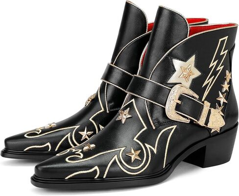 Women’s Western Ankle Boots Star Embroidered Cowgirl Boots Pointed Toe Low Heel with Metal Buckle for Festivals Concerts and Outdoor Adventures in Saudi Arabia