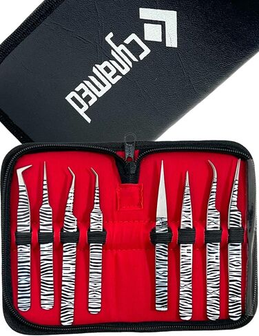 LAB WORK TWEEZERS SET OF 8 GERMAN GRADE PREMIUM ZEBRA PATTERNS FOR ELECTRONIC DEVICE REPAIR, JEWELRY REPAIR, LAB USE, CRAFTS (CYNAMED) in Saudi Arabia