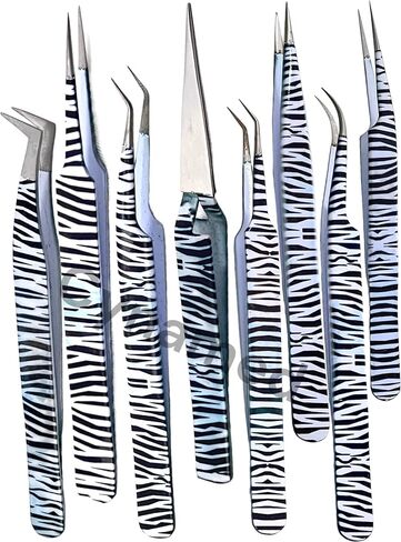 LAB WORK TWEEZERS SET OF 8 GERMAN GRADE PREMIUM ZEBRA PATTERNS FOR ELECTRONIC DEVICE REPAIR, JEWELRY REPAIR, LAB USE, CRAFTS (CYNAMED) in Saudi Arabia