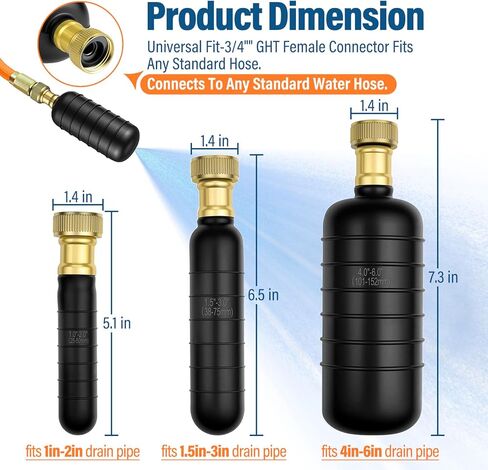 3 Pack Drain Bladder Kit, Rubber Drain Cleaning Bladder Fits 1"–6" Pipes, Unclogger for Sinks, Showers, Bathtubs, Pools, Main Drains & Outdoor Sewer Lines in Kuwait