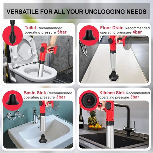 مكبس مرحاض كهربائي لاسلكي من Rozlchar متوافق مع بطارية ميلووكي 18 فولت (بدون بطارية)، أداة فك انسداد تصريف الضغط العالي مع 3 رؤوس قابلة للتبديل للمغاسل وحوض الغسيل والمراحيض in Kuwait