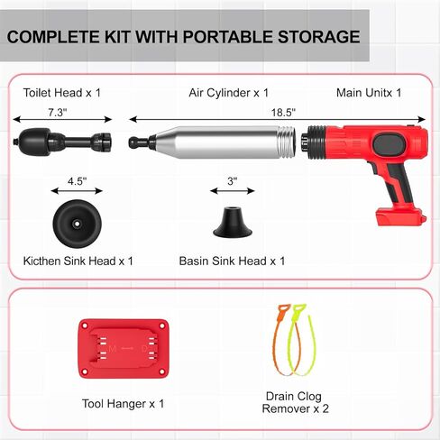 مكبس مرحاض كهربائي لاسلكي من Rozlchar متوافق مع بطارية ميلووكي 18 فولت (بدون بطارية)، أداة فك انسداد تصريف الضغط العالي مع 3 رؤوس قابلة للتبديل للمغاسل وحوض الغسيل والمراحيض in Kuwait