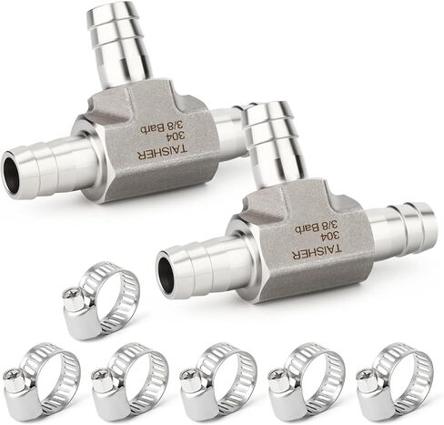 TAISHER 2PCS Forging of 304 Stainless Steel 3 Way Tee Hose Barb Fitting, 3/8" x 3/8" x 3/8" Hose Barb for Fuel/Air/Lquid/Gas with 6PCS Hose Clamp in Saudi Arabia