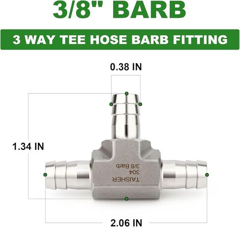 TAISHER 2PCS Forging of 304 Stainless Steel 3 Way Tee Hose Barb Fitting, 3/8" x 3/8" x 3/8" Hose Barb for Fuel/Air/Lquid/Gas with 6PCS Hose Clamp in Saudi Arabia