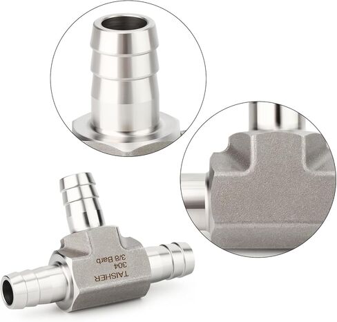 TAISHER 2PCS Forging of 304 Stainless Steel 3 Way Tee Hose Barb Fitting, 3/8" x 3/8" x 3/8" Hose Barb for Fuel/Air/Lquid/Gas with 6PCS Hose Clamp in Saudi Arabia