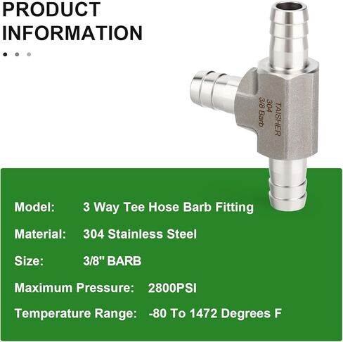 TAISHER 2PCS Forging of 304 Stainless Steel 3 Way Tee Hose Barb Fitting, 3/8" x 3/8" x 3/8" Hose Barb for Fuel/Air/Lquid/Gas with 6PCS Hose Clamp in Saudi Arabia