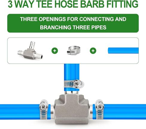 TAISHER 2PCS Forging of 304 Stainless Steel 3 Way Tee Hose Barb Fitting, 3/8" x 3/8" x 3/8" Hose Barb for Fuel/Air/Lquid/Gas with 6PCS Hose Clamp in Saudi Arabia