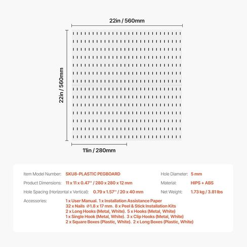 مجموعة مجموعة VEVOR Pegboard، لوحة Pegboard بلاستيكية مقاس 27.94 سم × 27.94 سم، 4 لوحات، طقم منظم حائط لوح ربط مع ملحقات، لتخزين أدوات المرآب، غرفة المعيشة، المطبخ، غرفة الحرف، المكتب، الحمام، المنزل، أبيض in Saudi Arabia