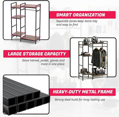 رف معدات الدراجات النارية من TONGMO، حامل خوذة عالي التحمل، رف تخزين كبير لمعدات الدراجات النارية للخوذة والسترة والأحذية وإكسسوارات الركوب in Kuwait