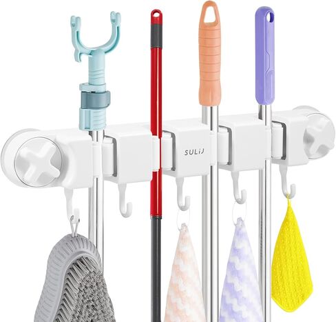 حامل مكنسة على الحائط، ممسحة قوية ومنظم مكنسة مع 4 رفوف و5 خطافات، حامل ممسحة لأكواب شفط المكنسة للمنزل، المطبخ، الحديقة، الأدوات، المرآب in Kuwait