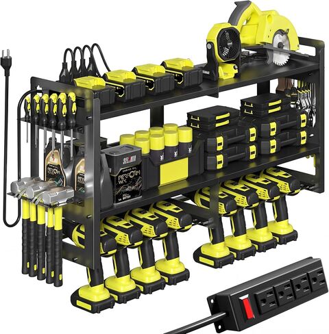 TOPRINCE Large Power Tool Organizer Wall Mount with Charging Station, 3-Tier Heavy Duty Metal Tool Rack with 8 Drill Holders and 6FT Power Strip, Garage Workshop Storage.Red in Saudi Arabia