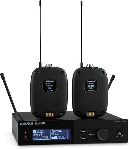 نظام Shure SLXD14D+ اللاسلكي الرقمي المزدوج - يتضمن جهاز استقبال SLXD4D+، وجهازي إرسال SLXD1+ Bodypack، ومراقبة بلوتوث، وجمع الصوت، وتقليل ردود الفعل، وWWB والتحكم في تطبيقات الهاتف المحمول، ونطاق G57 in Saudi Arabia