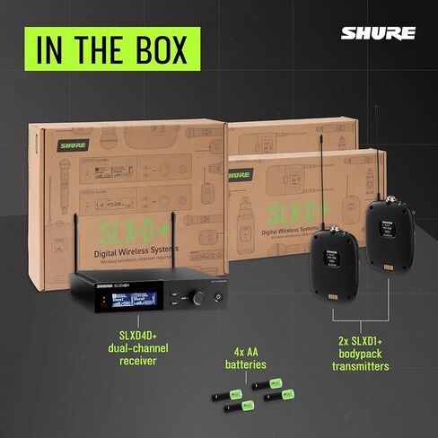 نظام Shure SLXD14D+ اللاسلكي الرقمي المزدوج - يتضمن جهاز استقبال SLXD4D+، وجهازي إرسال SLXD1+ Bodypack، ومراقبة بلوتوث، وجمع الصوت، وتقليل ردود الفعل، وWWB والتحكم في تطبيقات الهاتف المحمول، ونطاق G57 in Saudi Arabia