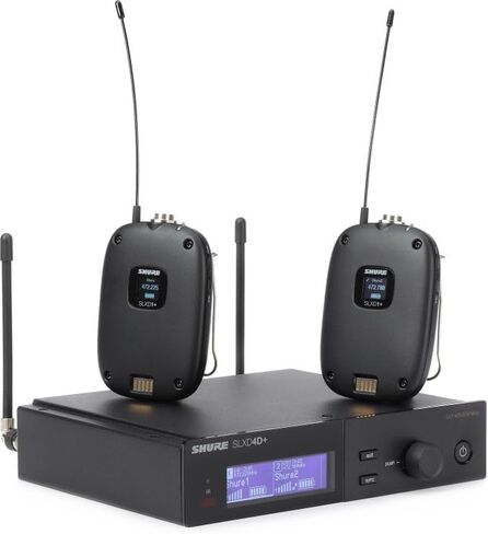 نظام Shure SLXD14D+ اللاسلكي الرقمي المزدوج - يتضمن جهاز استقبال SLXD4D+، وجهازي إرسال SLXD1+ Bodypack، ومراقبة بلوتوث، وجمع الصوت، وتقليل ردود الفعل، وWWB والتحكم في تطبيقات الهاتف المحمول، ونطاق G57 in Saudi Arabia