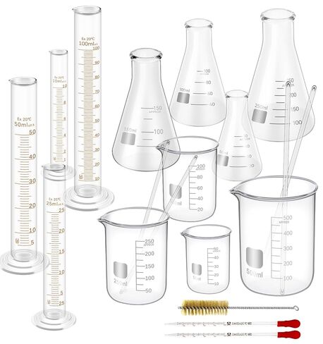 FOUR E'S SCIENTIFIC Glass Beaker Set 50/100/250/500 ml, Glass Flask 50/100/150/250 ml, Graduated Cylinder 10/25/50/100ml, 1 Brush, 2 Droppers, and 4 Stirring Rods in Saudi Arabia