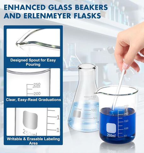 FOUR E'S SCIENTIFIC Glass Beaker Set 50/100/250/500 ml, Glass Flask 50/100/150/250 ml, Graduated Cylinder 10/25/50/100ml, 1 Brush, 2 Droppers, and 4 Stirring Rods in Saudi Arabia