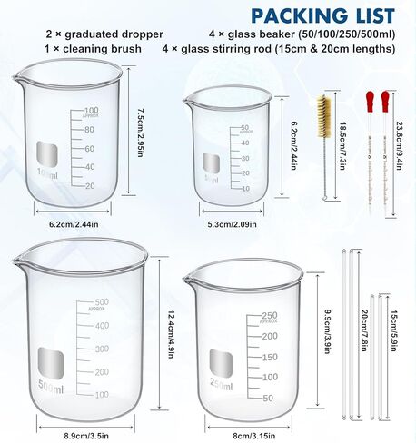FOUR E'S SCIENTIFIC Glass Beaker Set 50/100/250/500 ml, Glass Flask 50/100/150/250 ml, Graduated Cylinder 10/25/50/100ml, 1 Brush, 2 Droppers, and 4 Stirring Rods in Saudi Arabia