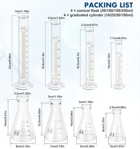 FOUR E'S SCIENTIFIC Glass Beaker Set 50/100/250/500 ml, Glass Flask 50/100/150/250 ml, Graduated Cylinder 10/25/50/100ml, 1 Brush, 2 Droppers, and 4 Stirring Rods in Saudi Arabia