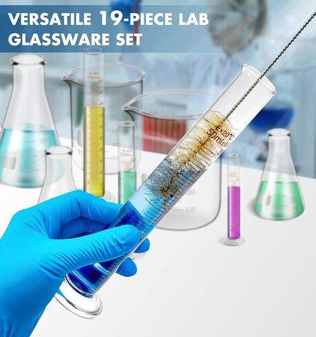 FOUR E'S SCIENTIFIC Glass Beaker Set 50/100/250/500 ml, Glass Flask 50/100/150/250 ml, Graduated Cylinder 10/25/50/100ml, 1 Brush, 2 Droppers, and 4 Stirring Rods in Saudi Arabia