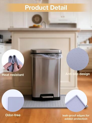 Trash Can Mat, 18.8 x 12 in Silicone Non Slip Under Garbage Can Mat with Raised Edge, Trash Can Mat for Kitchen Office Bedroom, Waterproof Floor Protector to Help Stop Sliding & Catch Spills in Kuwait
