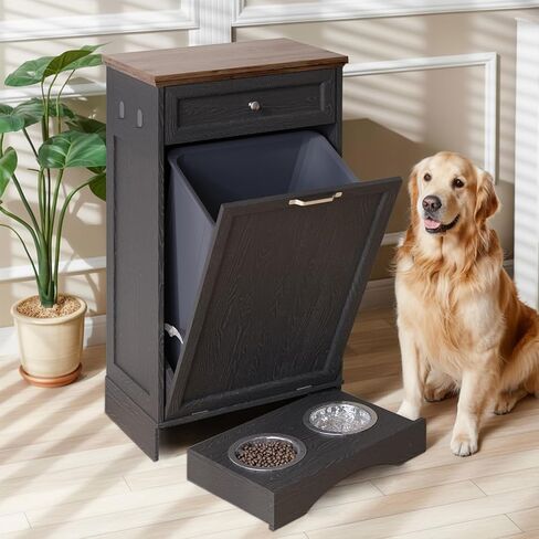 Double Tilt Out Trash Can Cabinet with Dog Bowl, 10 Gallons Dog Food Storage Cabinet, Hidden Trash Can Cabinet with Hideaway Drawer for Kitchen, Living Room (White, Double Door) in Kuwait