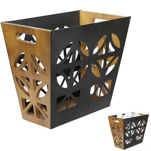 Wood Office Trash Can,Retro Bedroom Trash Can Decorative Bathroom Waste Basket with Handle Small Paper Wastebasket Rectangular Reclaimed Iron and Wood Storage Basket in Saudi Arabia