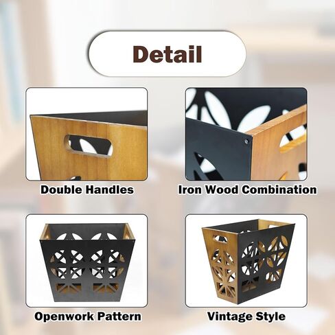 Wood Office Trash Can,Retro Bedroom Trash Can Decorative Bathroom Waste Basket with Handle Small Paper Wastebasket Rectangular Reclaimed Iron and Wood Storage Basket in Saudi Arabia