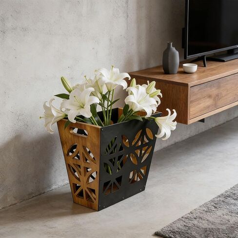 Wood Office Trash Can,Retro Bedroom Trash Can Decorative Bathroom Waste Basket with Handle Small Paper Wastebasket Rectangular Reclaimed Iron and Wood Storage Basket in Saudi Arabia
