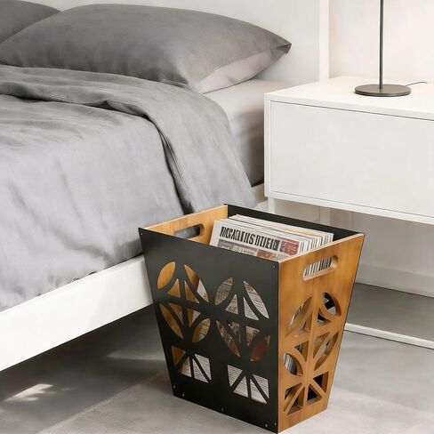 Wood Office Trash Can,Retro Bedroom Trash Can Decorative Bathroom Waste Basket with Handle Small Paper Wastebasket Rectangular Reclaimed Iron and Wood Storage Basket in Saudi Arabia