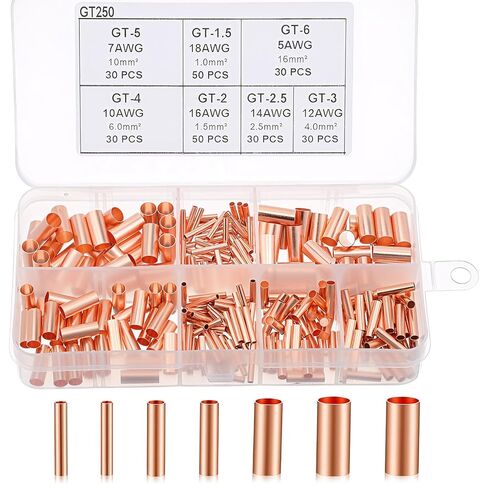 250PCS Wire Ferrules Kit, 7 Size Copper Wire Connectors, Non Insulated Electrical Butt Terminals in Saudi Arabia