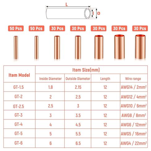 250PCS Wire Ferrules Kit, 7 Size Copper Wire Connectors, Non Insulated Electrical Butt Terminals in Saudi Arabia
