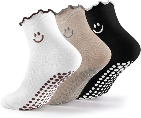 Cute Pilates Socks for Women: Smile Embroidered Ruffle Cotton Grip for Barre Yoga Workout Size 5-9 (3 Pack) in Kuwait