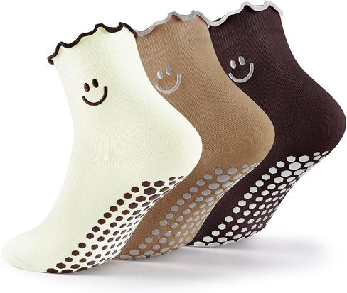 Cute Pilates Socks for Women: Smile Embroidered Ruffle Cotton Grip for Barre Yoga Workout Size 5-9 (3 Pack) in Saudi Arabia