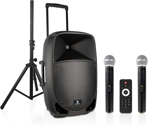 PRORECK Freedom 15 Portable 15-Inch 800 Watt 2-Way Rechargeable Powered Dj/PA Speaker System with Bluetooth/USB/SD Card Reader/FM Radio/Remote Control/Wireless Microphones/Speaker Stand in Saudi Arabia