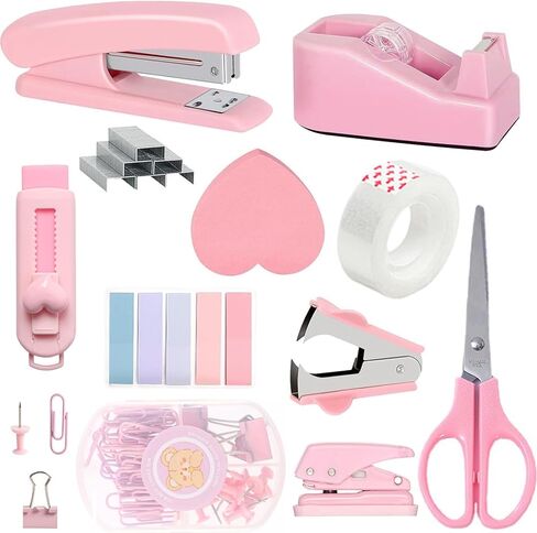11pcs Office Desk Supplies for Clerks, Women Pink Office Accessories, Office Supplies with Tape Holder, Staple Remover, Scissors, Ruler, Clips Set, Stapler for Home & School, Work Gift for Employees in Saudi Arabia