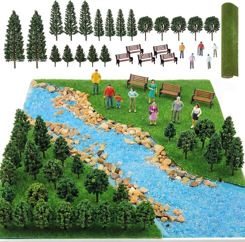 Soulchen 30 Pcs Model Trains Scenery Accessories Set 15.7"x 39" Model Grass Mat Mixed Miniature Trees Mini People Benches Railway Scene for Train Architecture Landscape Diorama DIY Crafts in Saudi Arabia