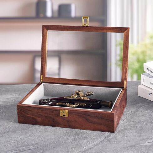 حافظة عرض المسدس من خشب الجوز الصلب مع قفل مناسبة للعملات التذكارية والمسدسات العتيقة والأحجار الكريمة والعينات in Kuwait