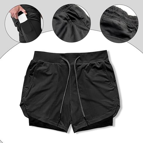 Men’s 2 in 1 Running Shorts, Soft Breathable Quick-Drying Workout Gym Athletic Shorts with Zipper Pockets and Towel Loop in Saudi Arabia