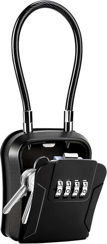صندوق قفل المفتاح AMMIY، صندوق قفل محمول مقاوم للماء مع كبل قابل للإزالة، صندوق تخزين مفاتيح مثبت على الحائط، صندوق تخزين مفاتيح مكون من 4 أرقام للمنزل والمكتب والجراج وAirbnb والشقة (عبوة واحدة، أسود) in Kuwait