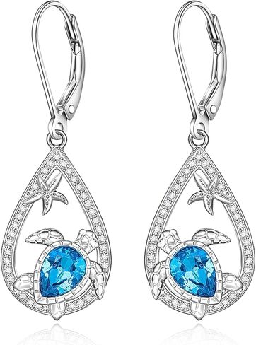 أقراط سلحفاة البحر للنساء مجوهرات الياقوت مجوهرات عاشق حيوانات S925 الجنيه الاسترليني الفضة المحيط Zirconia Starfish Hoops أقراط الأزرق المتدلي للأصدقاء أمي أمي in Kuwait