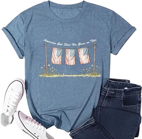 4th of July T Shirts for Women Summer Casual American Flag Graphic Print Independence Day Tee Tops in Kuwait